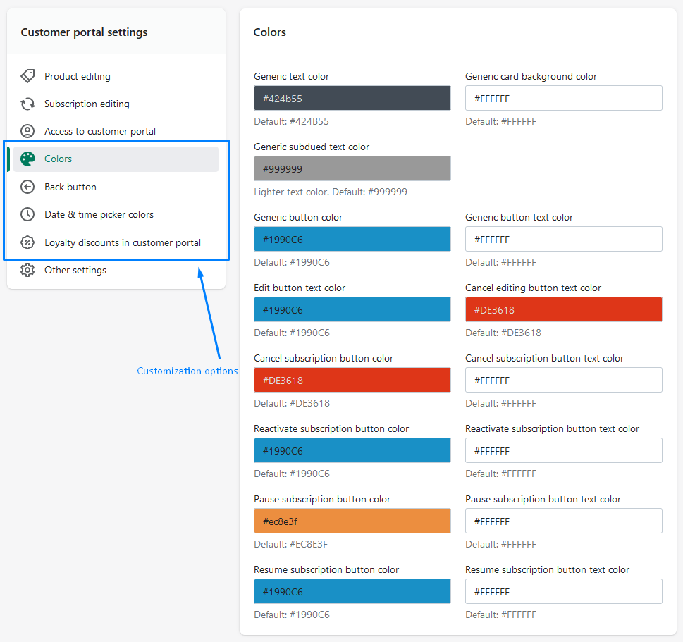 Color settings for customer portal