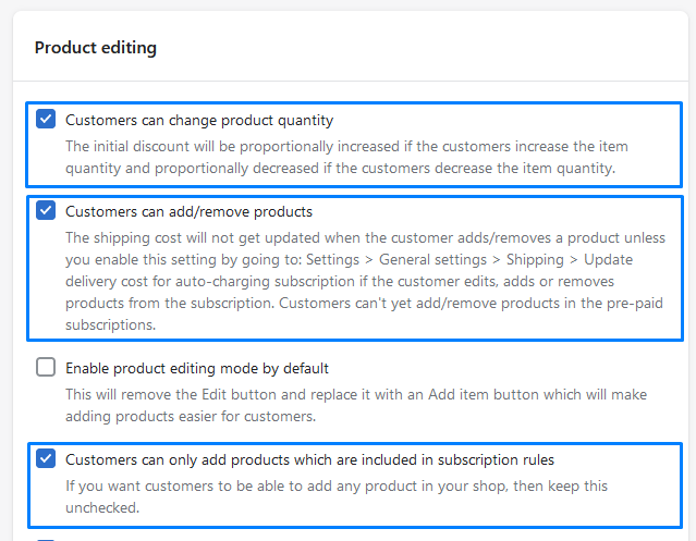 Customer portal product editing settings