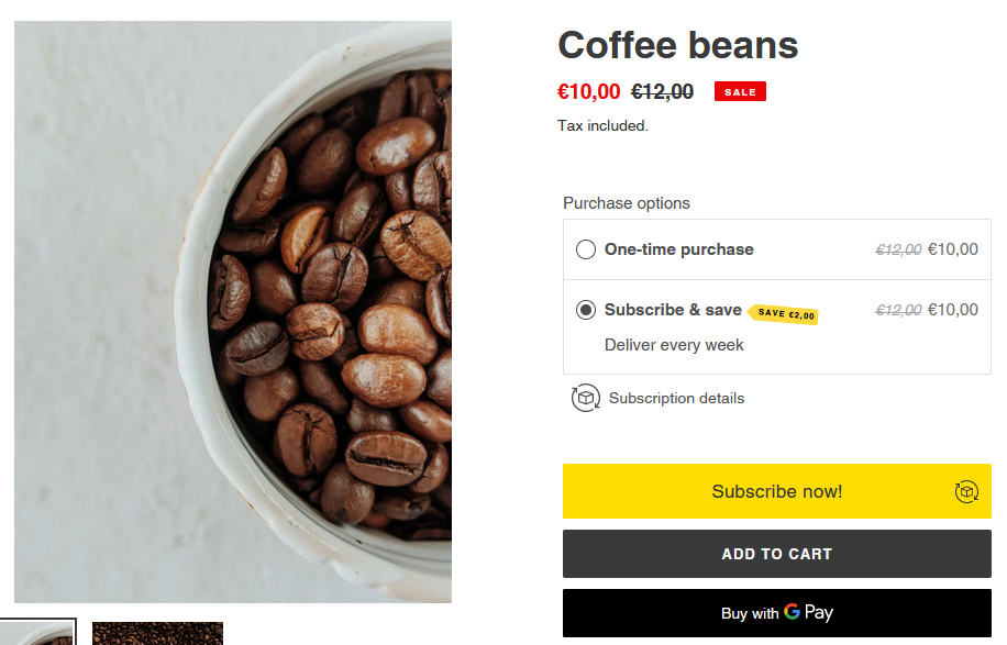 Example of a one selling plan applied to Coffee beans