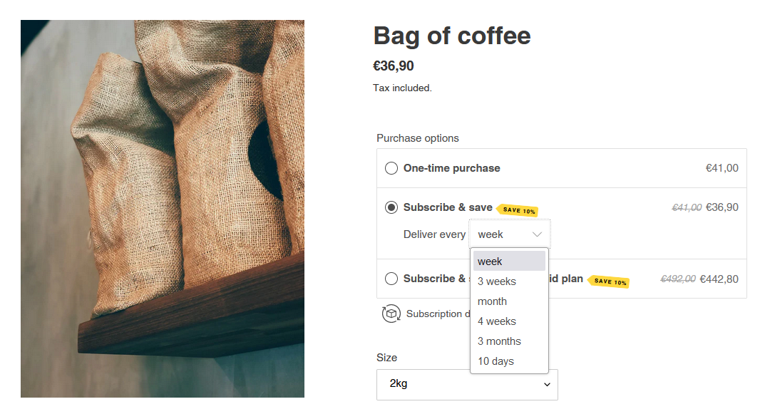 Example of a subscription applied to a bag of coffee with multiple selling plans