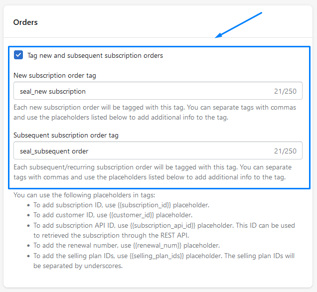 Order tags settings