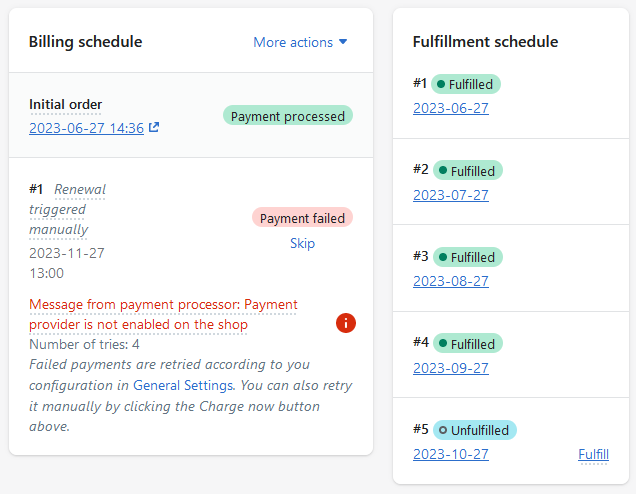 Billing and fulfillment schedule blocks