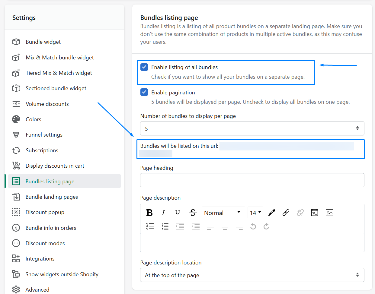 Bundle listing page settings