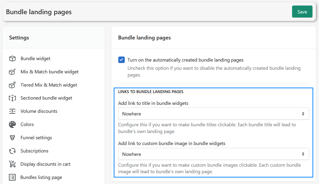 Bundle landing pages settings