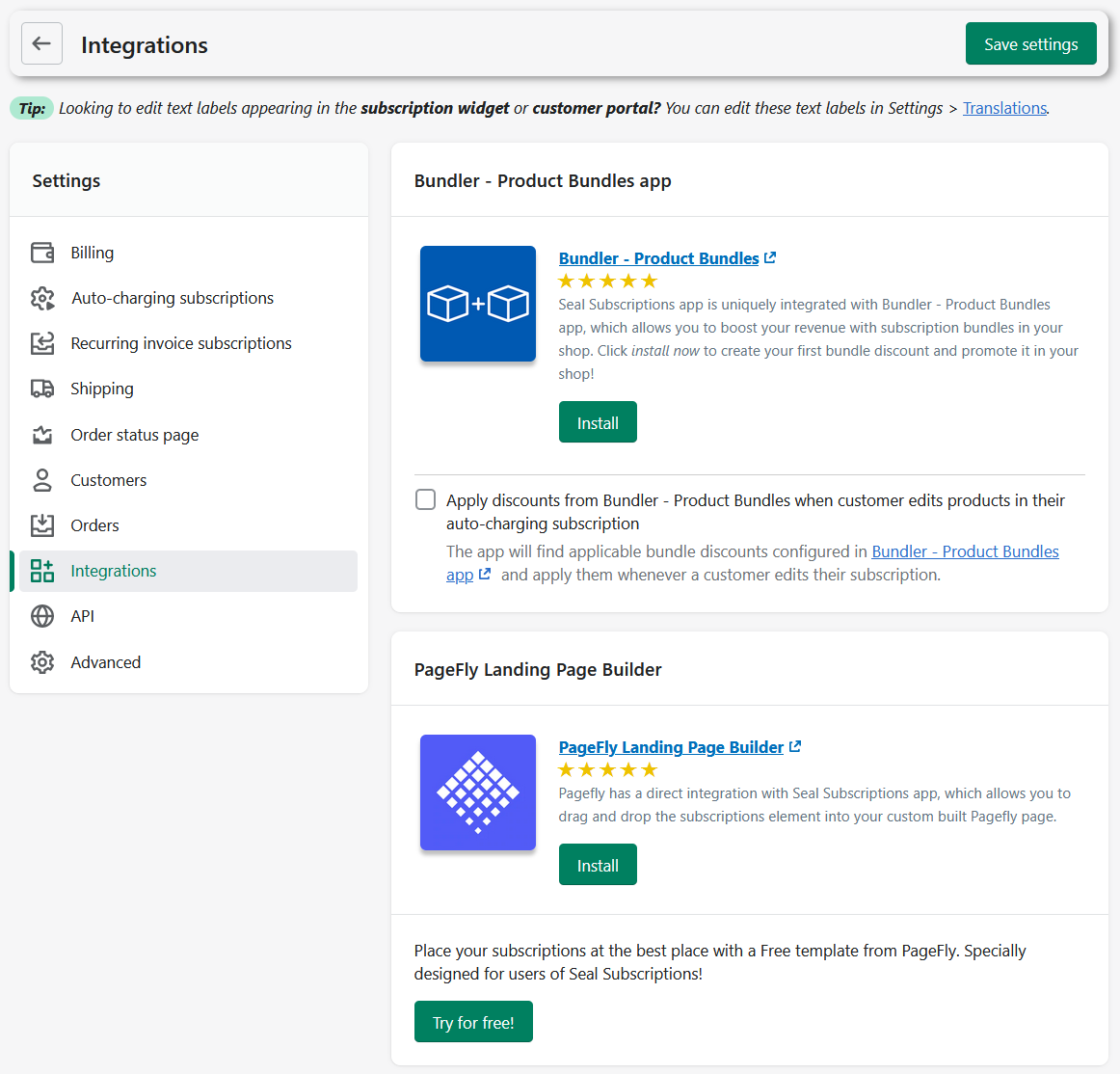 Integrations in Seal Subscriptions