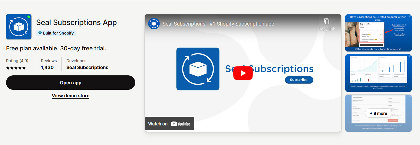 Seal Subscriptions app on the Shopify apps store