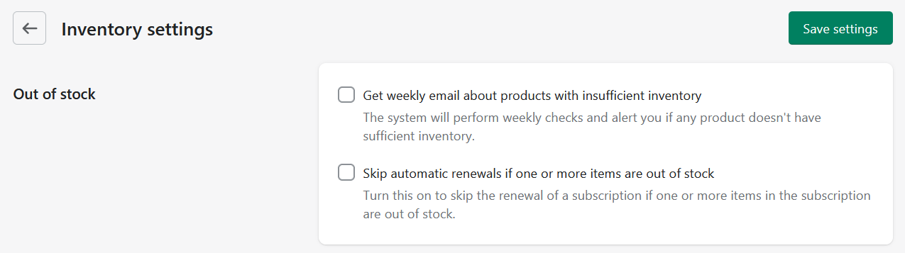 Inventory settings in Seal Subscriptions