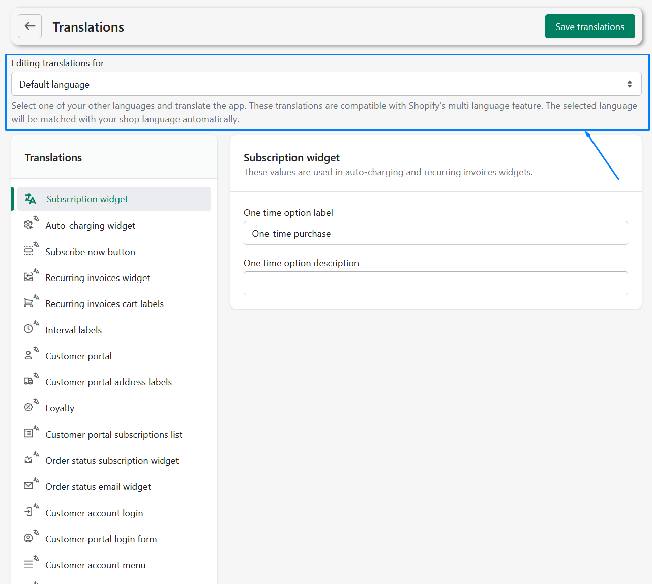 Translations settings in Seal Subscriptions