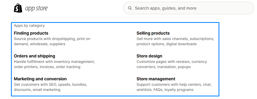 App categories in Shopify app store
