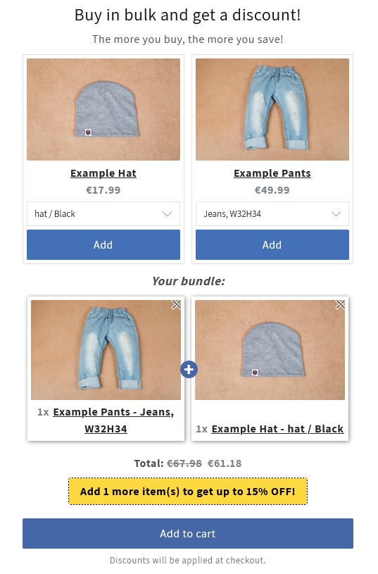Example of tiered mix & match bundle in Shopify