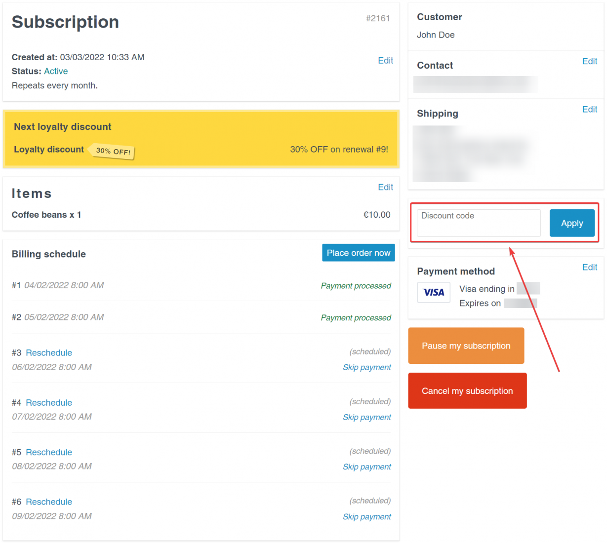 Screenshot of step 4: Enter the discount code in the field and click apply